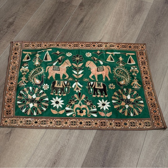 Other - Kutchi Indian Embroidered Wall Hanging‎ w/Mirrors Vintage Elephant Horses Green